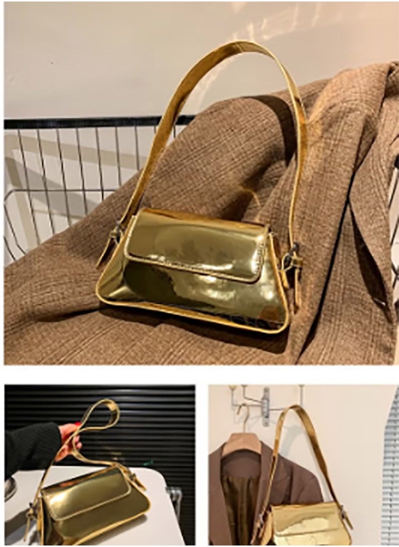 Women's European and American Style Glossy Shoulder Bag, Ladies Fashionable Patent Leather Stick Bag Underarm Bag Side Bag Sling Bag, Textured Shoulder Bag Handbag Carrying Bag Tote Bags(Gold)