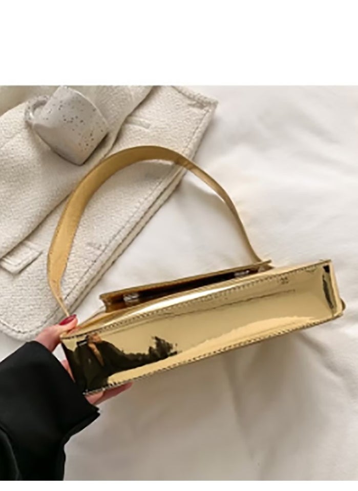 Women's European and American Style Glossy Shoulder Bag, Ladies Fashionable Patent Leather Stick Bag Underarm Bag Side Bag Sling Bag, Textured Shoulder Bag Handbag Carrying Bag Tote Bags(Gold)