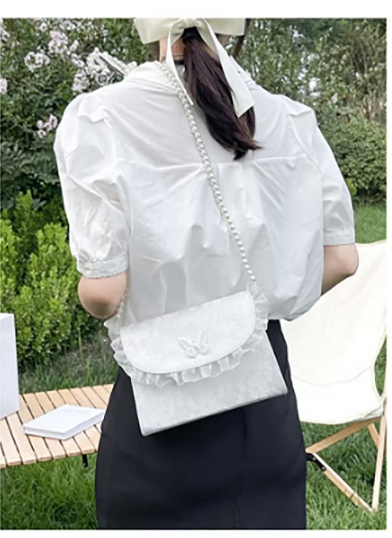 Lace Pearl Chain Shoulder Bag for Women, Ladies Gentle Style Small Square Handbag Tote Bags Clutch Bag, Solid Color Flip Crossbody Bag Sling Bag Side Bag Carry Bags for College Students（White)