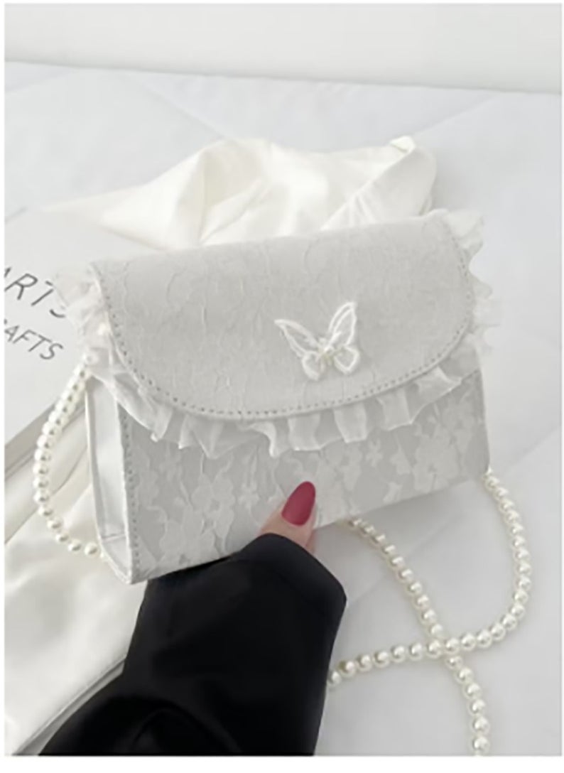 Lace Pearl Chain Shoulder Bag for Women, Ladies Gentle Style Small Square Handbag Tote Bags Clutch Bag, Solid Color Flip Crossbody Bag Sling Bag Side Bag Carry Bags for College Students（White)