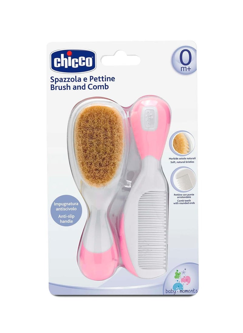 Chicco Baby Hair Brush and Comb Combo for Newborn and Toddler Grooming | Soft Natural and Rounded Bristles | Anti-Slip Handle (Pink)