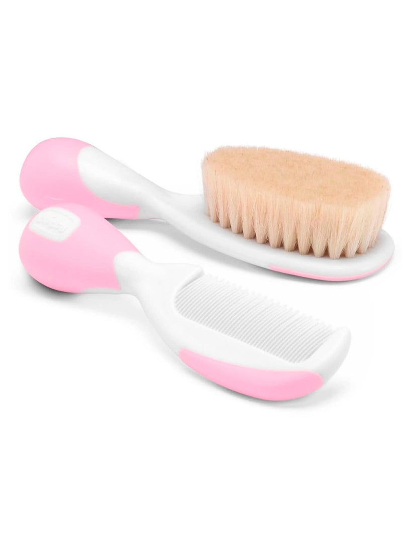 Chicco Baby Hair Brush and Comb Combo for Newborn and Toddler Grooming | Soft Natural and Rounded Bristles | Anti-Slip Handle (Pink)