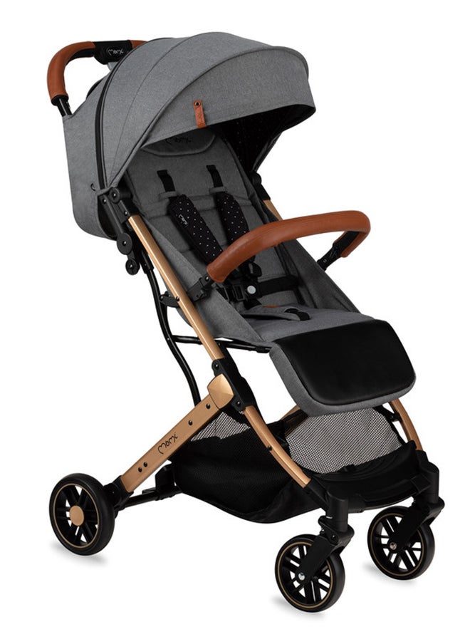 Estelle Gold Is A Premium Baby Stroller Featuring A Golden Frame, A Spacious Basket, Five-Point Safety Belts, Easy Maneuverability, And Shock Absorption For Age 6+ Months - Grey