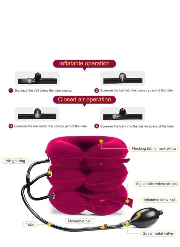 Travel Pillow, Cervical Neck Traction Device, Portable Neck Stretcher Cervical Traction Provide Neck Support and Neck Pain Relief, Neck Traction Devices for Home Use Neck Decompression (Rose Red)