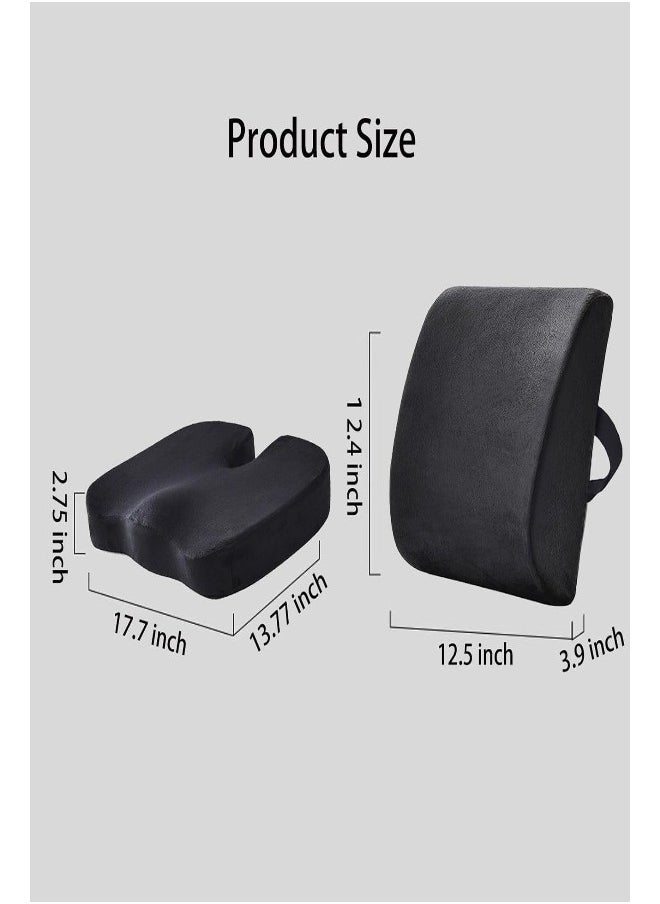 Ergonomic Seat Cushion & Lumbar Support Pillow  100% Memory Foam, Pain Relief for Office Chair & Car Seat – Black