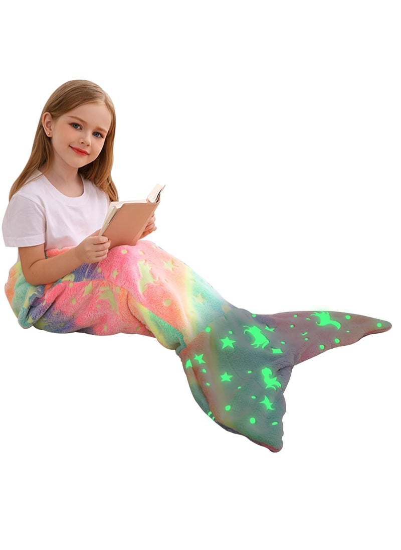 Kids Mermaid Tail Blanket, Mermaid Tail Blankets Glow in The Dark, Flannel Mermaid Blanket, Mermaid Tail Wearable Blanket, Luminous Unicorn Super Soft Tie Dye Girls Toys, Girls Toddlers Mermaid Toys