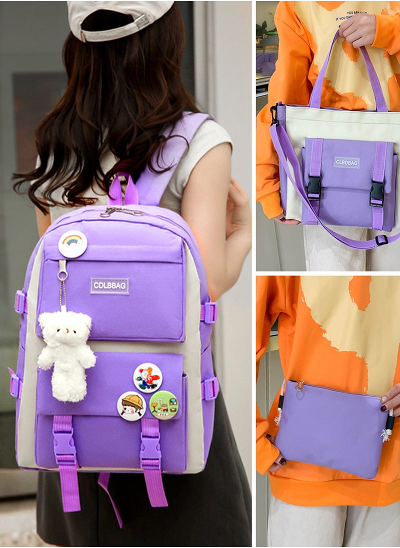 School Bag for Girls 4Pcs Kawaii Cute Backpack Set with Pendant Lunch Bag, Pencil Case, Handbag for Teen Girls School Backpack