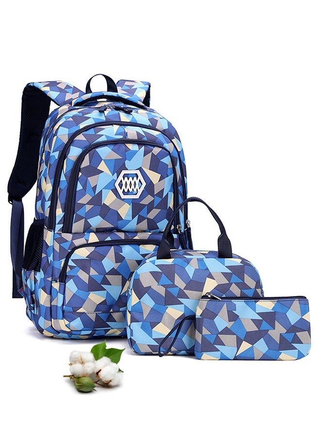 3Pcs Backpack Primary and Middle School Students Schoolbag Set Youth Travel Bag with Lunch Bag(Blue)