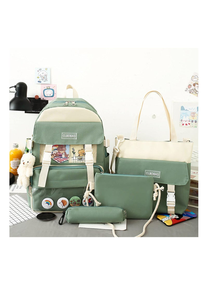 4-Piece Kawaii Backpack Set with Bear Pendant - Cute Cartoon Canvas School Bag, Pencil Case, and Lunch Box Bag (Green) - Perfect for Kids and Students!