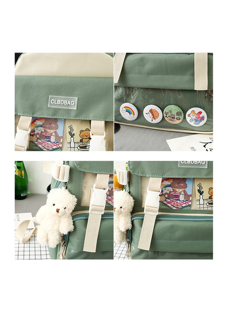 4-Piece Kawaii Backpack Set with Bear Pendant - Cute Cartoon Canvas School Bag, Pencil Case, and Lunch Box Bag (Green) - Perfect for Kids and Students!