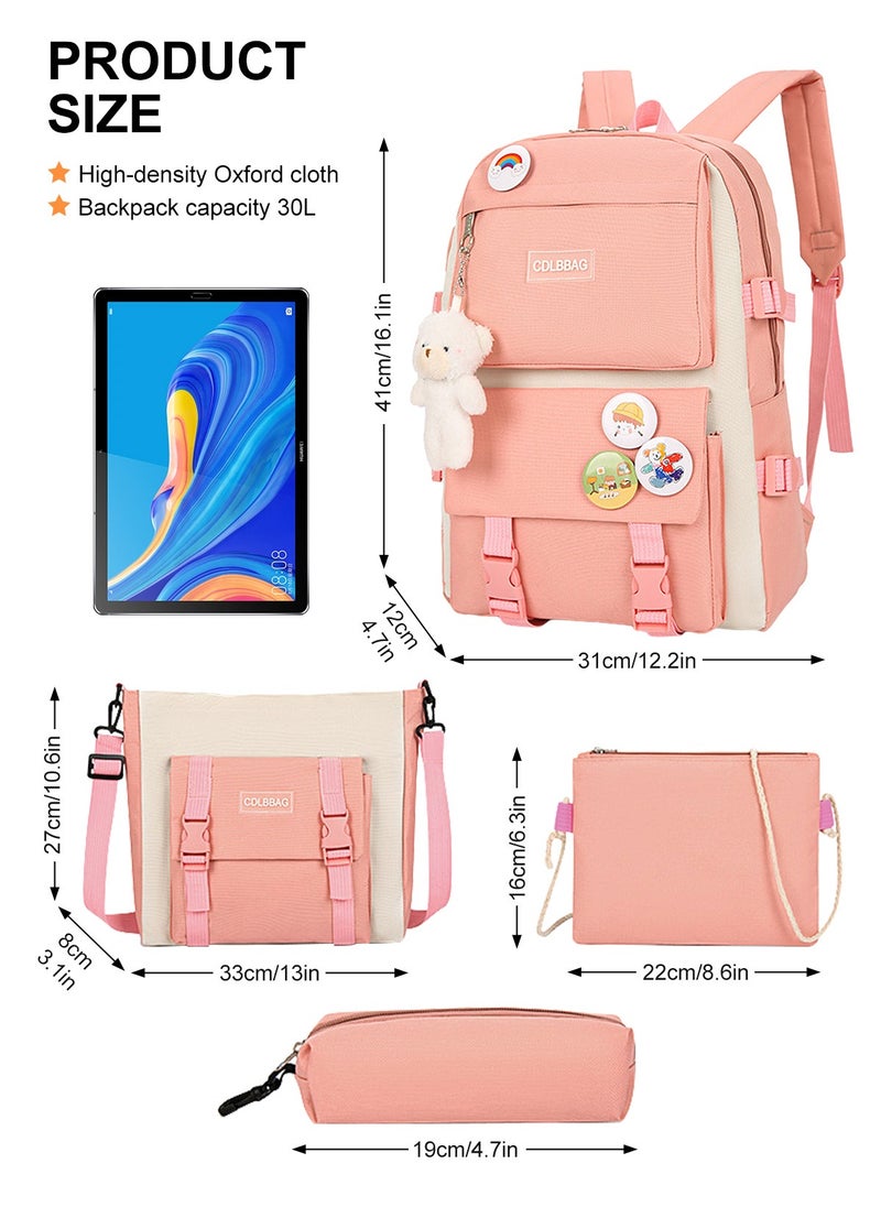 Kawaii Backpack with Kawaii Pendants and Pins Accessories 4Pcs Set Cute Kawaii Rucksack for Teen Girls School Bag, Pink, 16.7x12.2x4.7in, Rucksack Backpacks