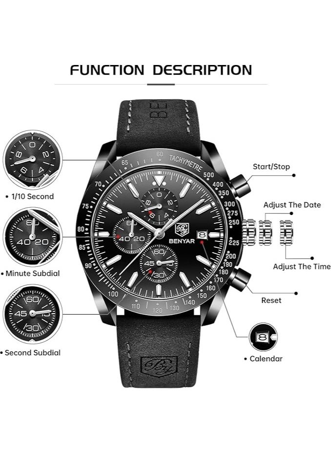 Mens Watch Waterproof Chronograph Date Watch for Men Leather Strap Quartz Movement Analog Watch Business Casual Gift for Men