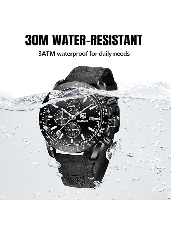 Mens Watch Waterproof Chronograph Date Watch for Men Leather Strap Quartz Movement Analog Watch Business Casual Gift for Men