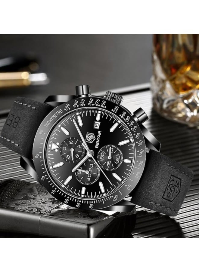 Mens Watch Waterproof Chronograph Date Watch for Men Leather Strap Quartz Movement Analog Watch Business Casual Gift for Men