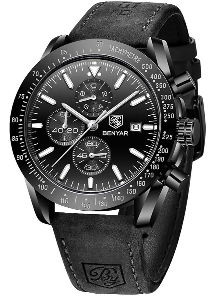 Mens Watch Waterproof Chronograph Date Watch for Men Leather Strap Quartz Movement Analog Watch Business Casual Gift for Men