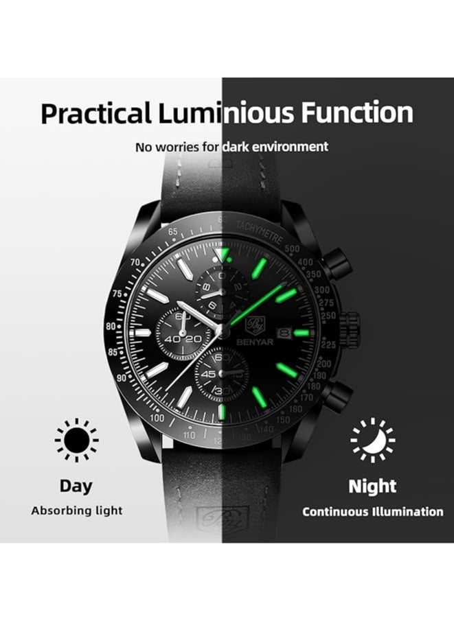 Mens Watch Waterproof Chronograph Date Watch for Men Leather Strap Quartz Movement Analog Watch Business Casual Gift for Men