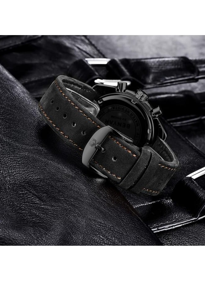 Mens Watch Waterproof Chronograph Date Watch for Men Leather Strap Quartz Movement Analog Watch Business Casual Gift for Men