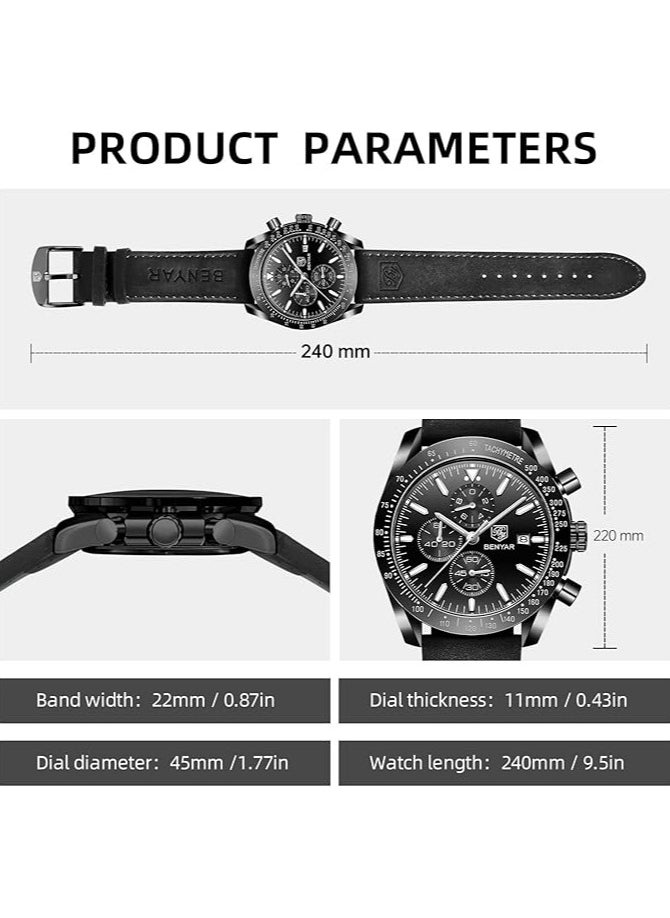 Mens Watch Waterproof Chronograph Date Watch for Men Leather Strap Quartz Movement Analog Watch Business Casual Gift for Men