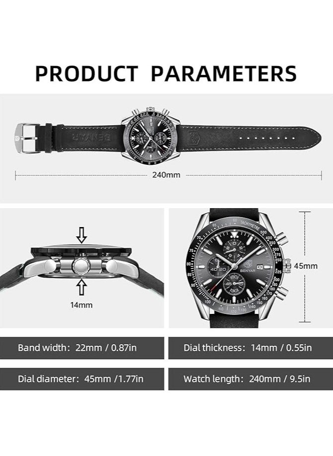 Mens Watch Waterproof Chronograph Date Watch for Men Leather Strap Quartz Movement Analog Watch Business Casual Gift for Men