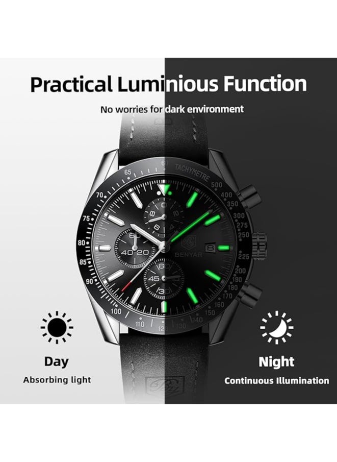 Mens Watch Waterproof Chronograph Date Watch for Men Leather Strap Quartz Movement Analog Watch Business Casual Gift for Men