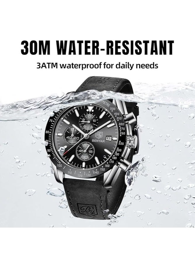 Mens Watch Waterproof Chronograph Date Watch for Men Leather Strap Quartz Movement Analog Watch Business Casual Gift for Men