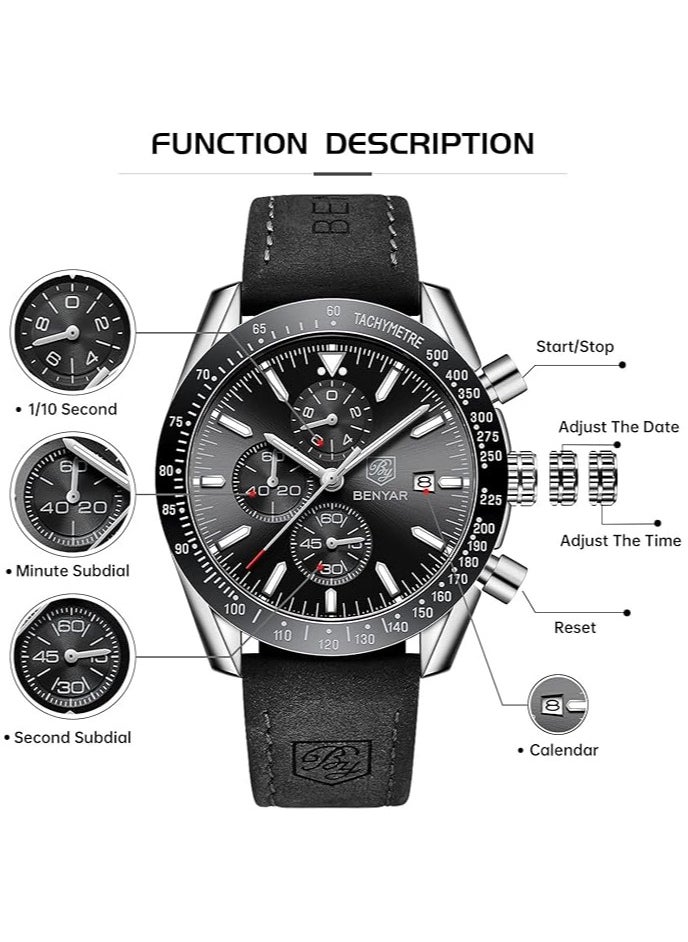 Mens Watch Waterproof Chronograph Date Watch for Men Leather Strap Quartz Movement Analog Watch Business Casual Gift for Men