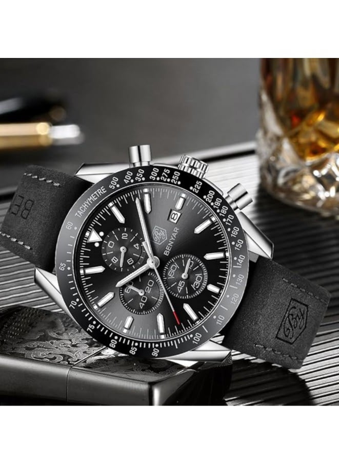 Mens Watch Waterproof Chronograph Date Watch for Men Leather Strap Quartz Movement Analog Watch Business Casual Gift for Men