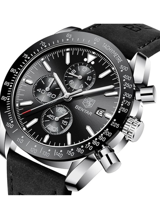 Mens Watch Waterproof Chronograph Date Watch for Men Leather Strap Quartz Movement Analog Watch Business Casual Gift for Men
