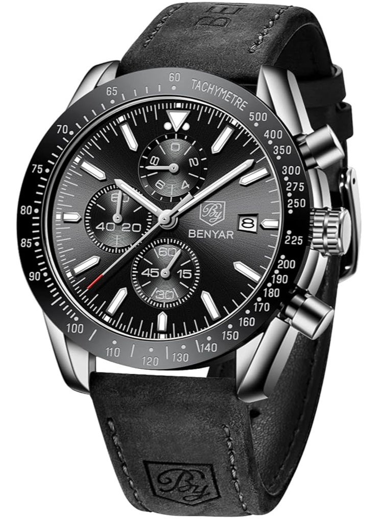 Mens Watch Waterproof Chronograph Date Watch for Men Leather Strap Quartz Movement Analog Watch Business Casual Gift for Men