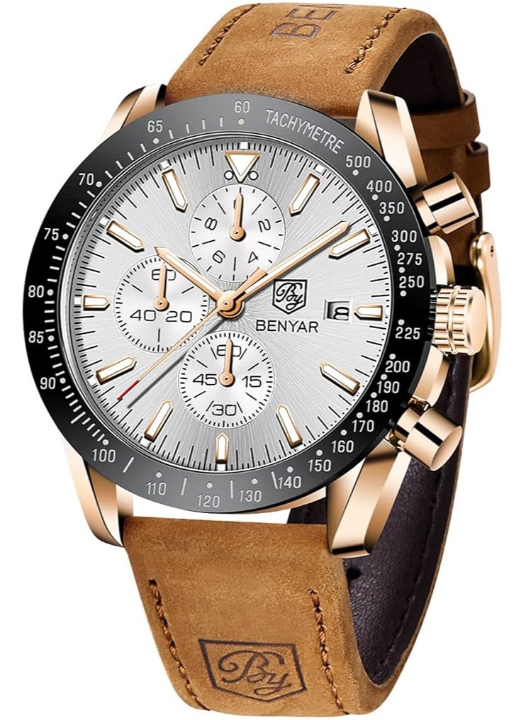 Mens Watch Waterproof Chronograph Date Watch for Men Brown Leather Strap Quartz Movement Analog Watch Business Casual Gift for Men