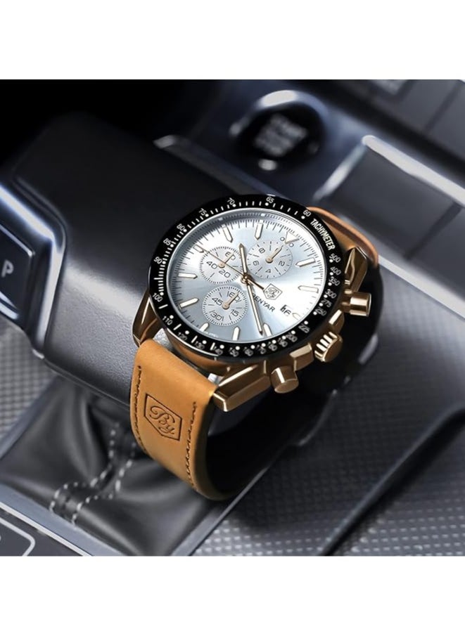 Mens Watch Waterproof Chronograph Date Watch for Men Brown Leather Strap Quartz Movement Analog Watch Business Casual Gift for Men