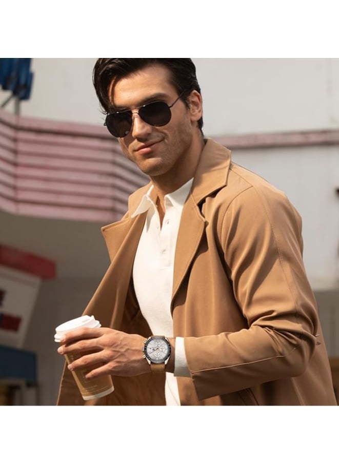 Mens Watch Waterproof Chronograph Date Watch for Men Brown Leather Strap Quartz Movement Analog Watch Business Casual Gift for Men
