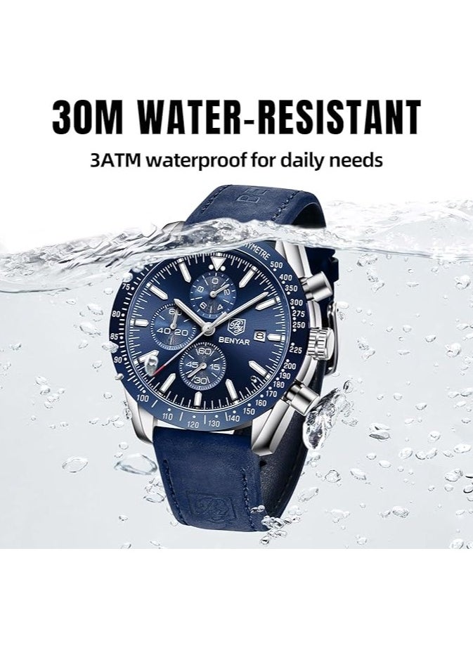 Mens Watch Waterproof Chronograph Date Watch for Men Leather Strap Quartz Movement Analog Watch Business Casual Gift for Men