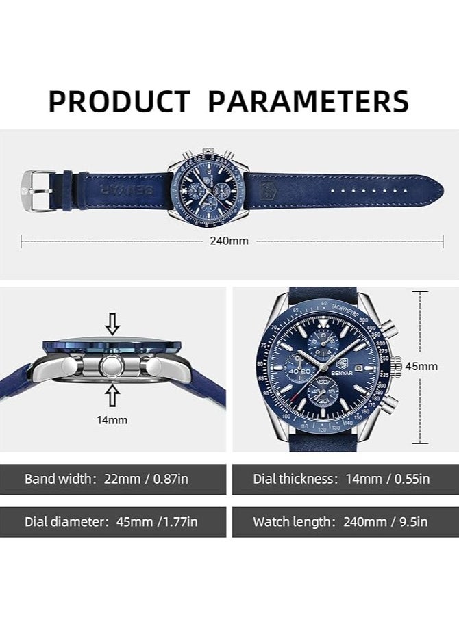 Mens Watch Waterproof Chronograph Date Watch for Men Leather Strap Quartz Movement Analog Watch Business Casual Gift for Men