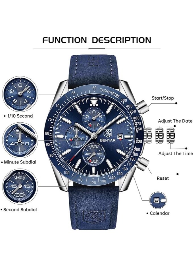 Mens Watch Waterproof Chronograph Date Watch for Men Leather Strap Quartz Movement Analog Watch Business Casual Gift for Men