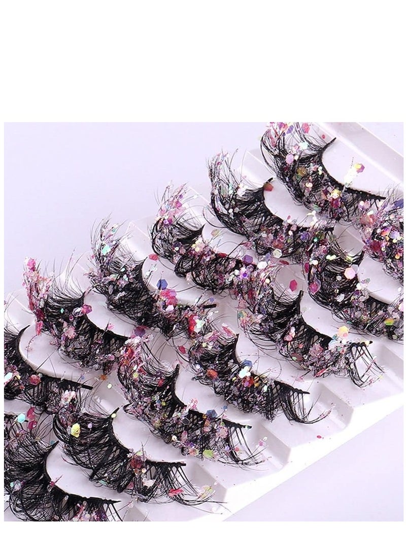 7 Pairs Night Luminous Glitter False Eyelashes Wispy Faux Mink Lashes Colored Eyelashes Dramatic Lashes for Party Stage Cosplay