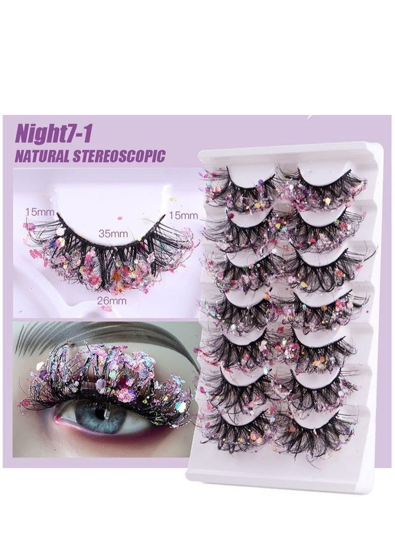 7 Pairs Night Luminous Glitter False Eyelashes Wispy Faux Mink Lashes Colored Eyelashes Dramatic Lashes for Party Stage Cosplay