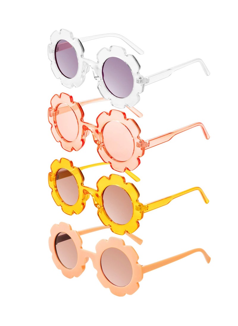 Kids Sunglasses, 4 Pcs Round Flower Shaped  Toddler Flower Glasses with 4 Pack Glasses Cloth 4 Pack Flannel Bag for Baby Girls Boys Party Favor