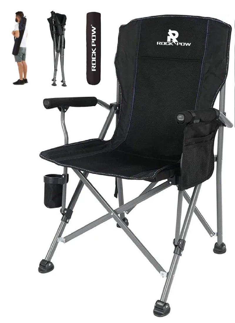 Outdoor Portable Camping Chair Lightweight Folding Camping Chair Heavy Duty Support 145KG High Back Padded Lawn Chair with Arm Rest Cup Holder and Portable Carrying Bag