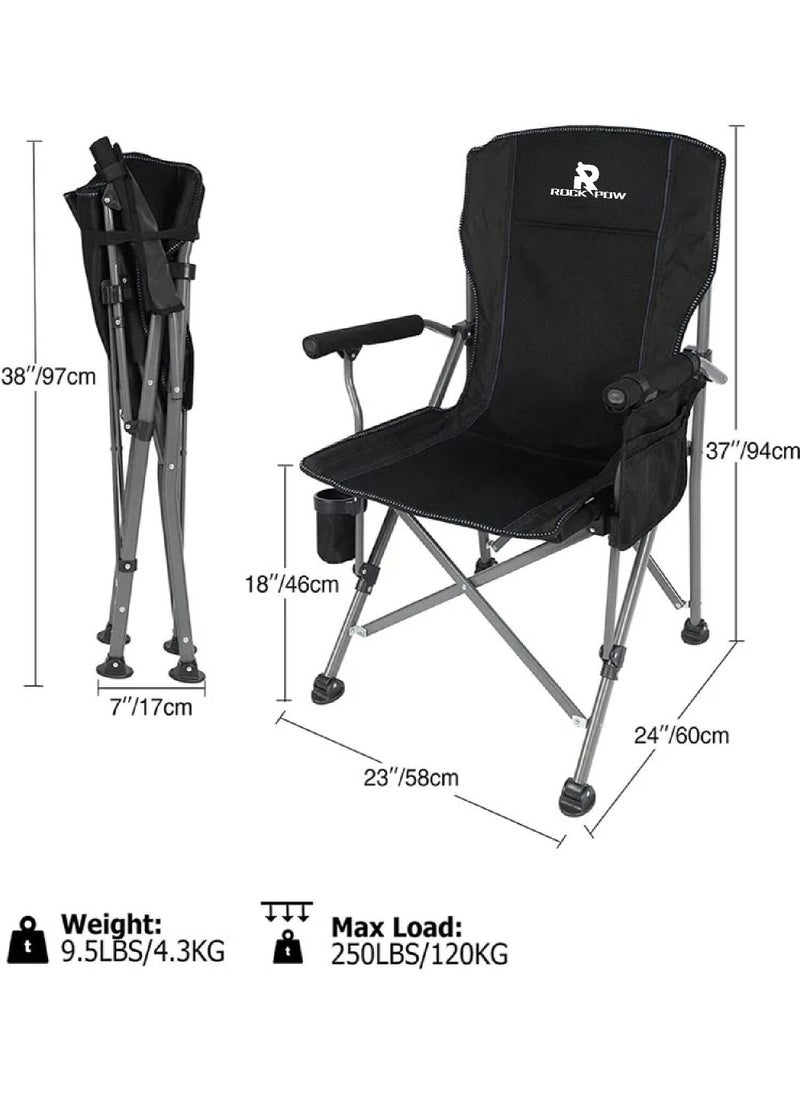 Outdoor Portable Camping Chair Lightweight Folding Camping Chair Heavy Duty Support 145KG High Back Padded Lawn Chair with Arm Rest Cup Holder and Portable Carrying Bag