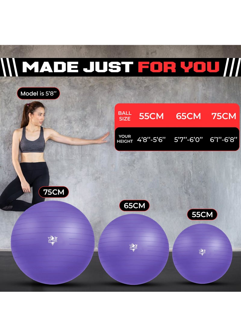 Yoga Ball Anti-Burst, Slip-Resistant Exercise Ball with Air Pump for Pilates, Balance Training, Stability, and Pregnancy - Supports 500KG, Fitness Gym Equipment (Purple)