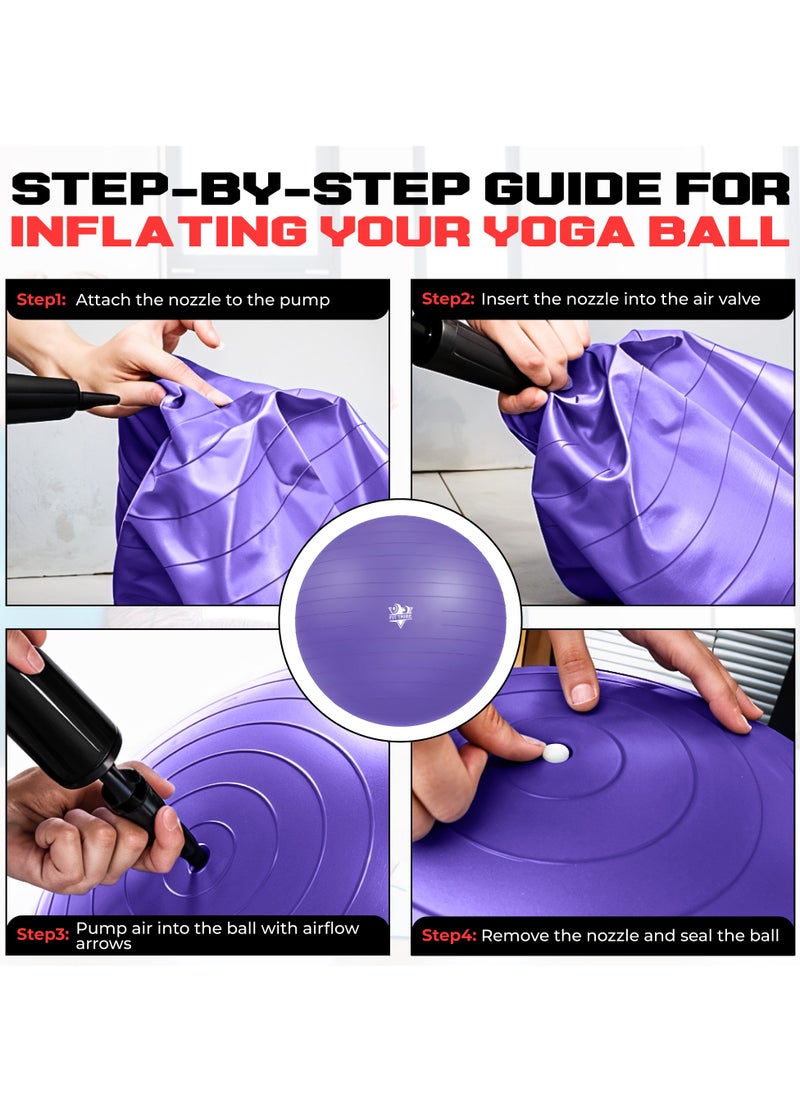 Yoga Ball Anti-Burst, Slip-Resistant Exercise Ball with Air Pump for Pilates, Balance Training, Stability, and Pregnancy - Supports 500KG, Fitness Gym Equipment (Purple)