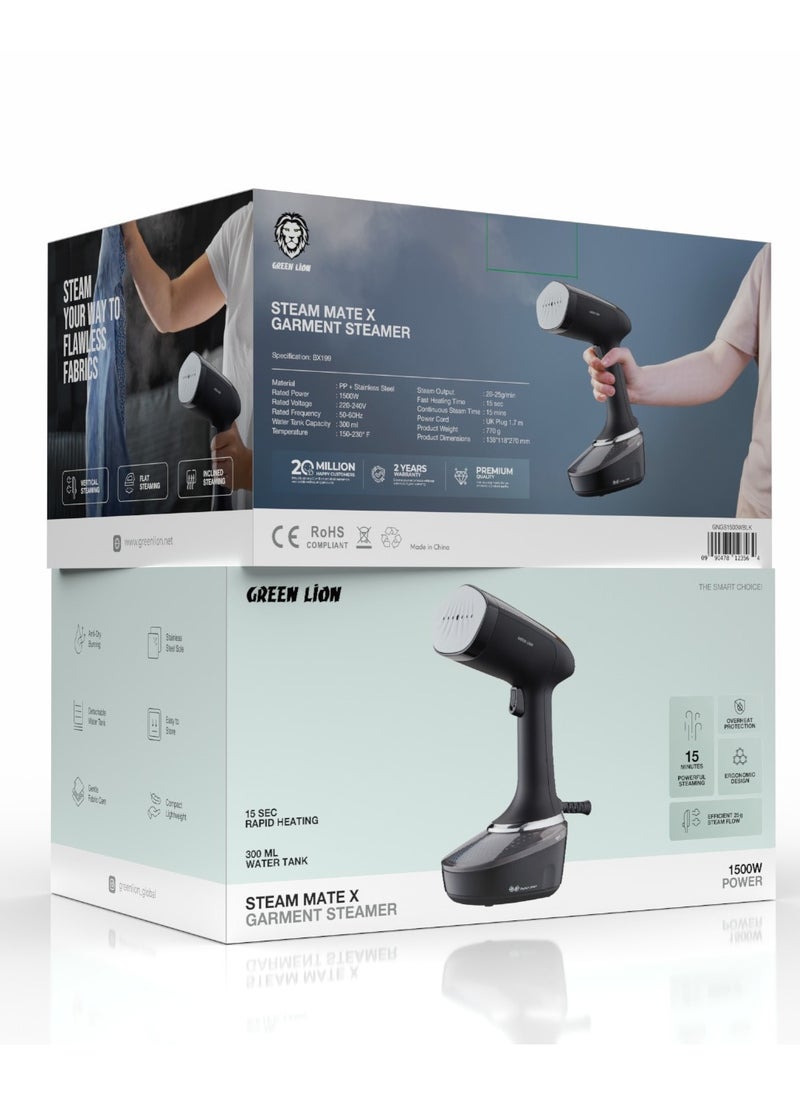 Steam Mate X 1500W Garment Steamer 300 mL with 15 Minutes Powerful Steaming and Overheat Protection / Vertical, Inclined & Flat Steaming / Anti-Dry Burning / Efficient 25g Steam Flow / Compact & Lightweight - Black