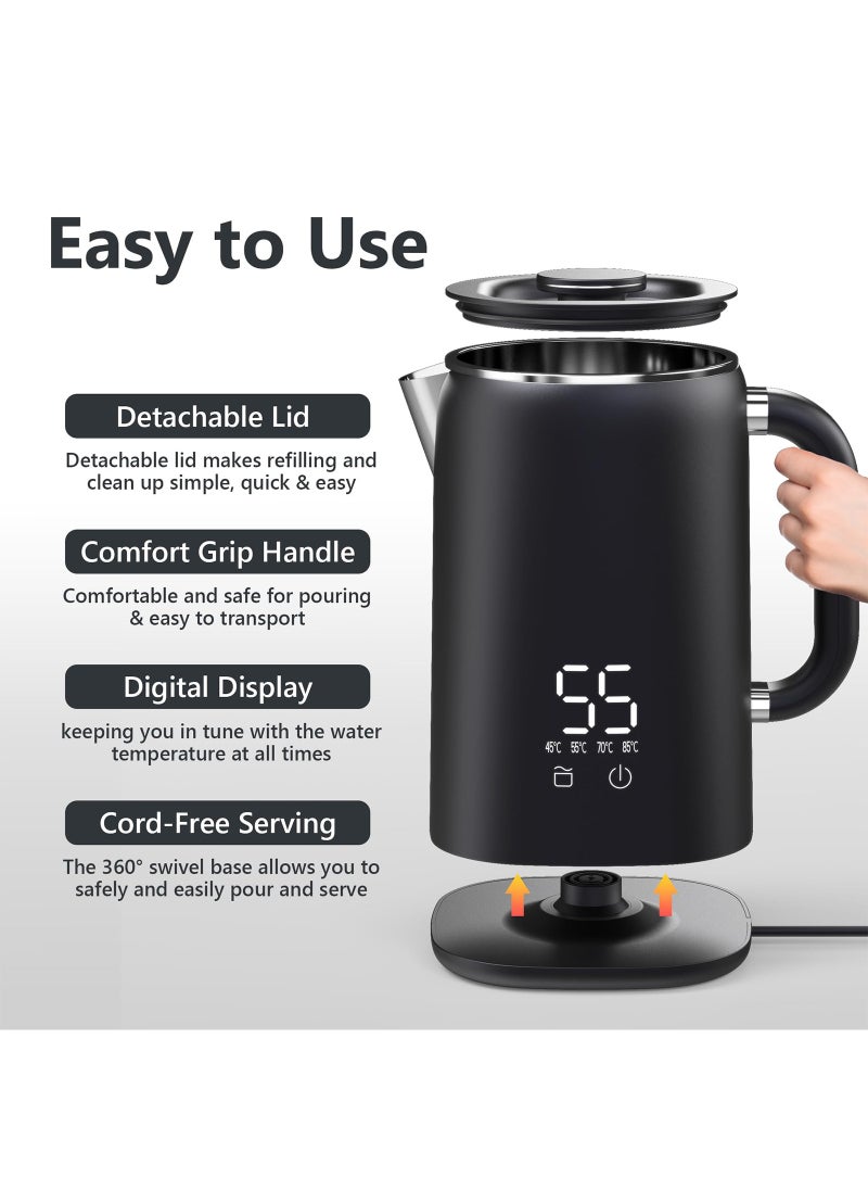 Kettle Stainless Steel 1.7 Litres, Small Kettle with Temperature Setting 45 °C - 100 °C, Automatic Shut-Off, Boil Dry Protection, Overheating Protection, 1500 W, Black