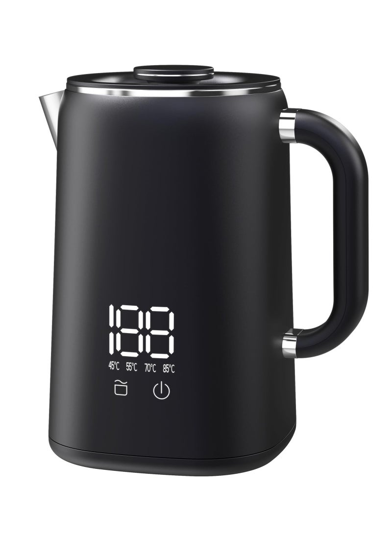 Kettle Stainless Steel 1.7 Litres, Small Kettle with Temperature Setting 45 °C - 100 °C, Automatic Shut-Off, Boil Dry Protection, Overheating Protection, 1500 W, Black