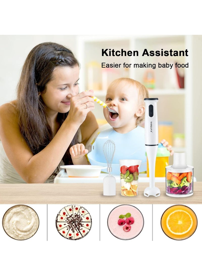 Sokany electric Immersion Hand Blender,200w, 2-Speed, 4 in 1: [Hand Blender, Egg Whisk, Meat Chopper, Measuring Cup], For Smoothies, Soups & Dips puree, Baby Food, Stainless Steel