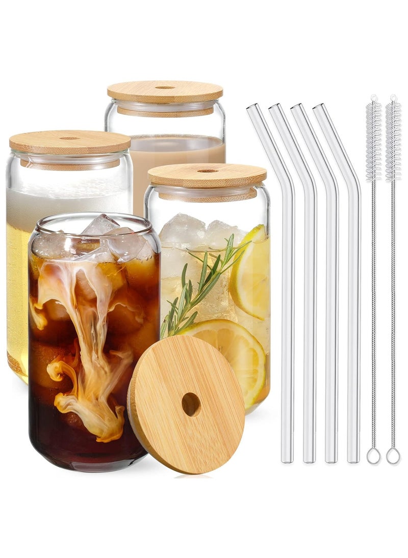 Glasses with Bamboo Lids and Glass Straw 4pcs Set - 16oz Can Shaped Glass Cups, Mocktail Glasses, Iced Coffee Glasses, Cute Tumbler Cup, Ideal for Cocktail,Gift - 2 Cleaning Brushes