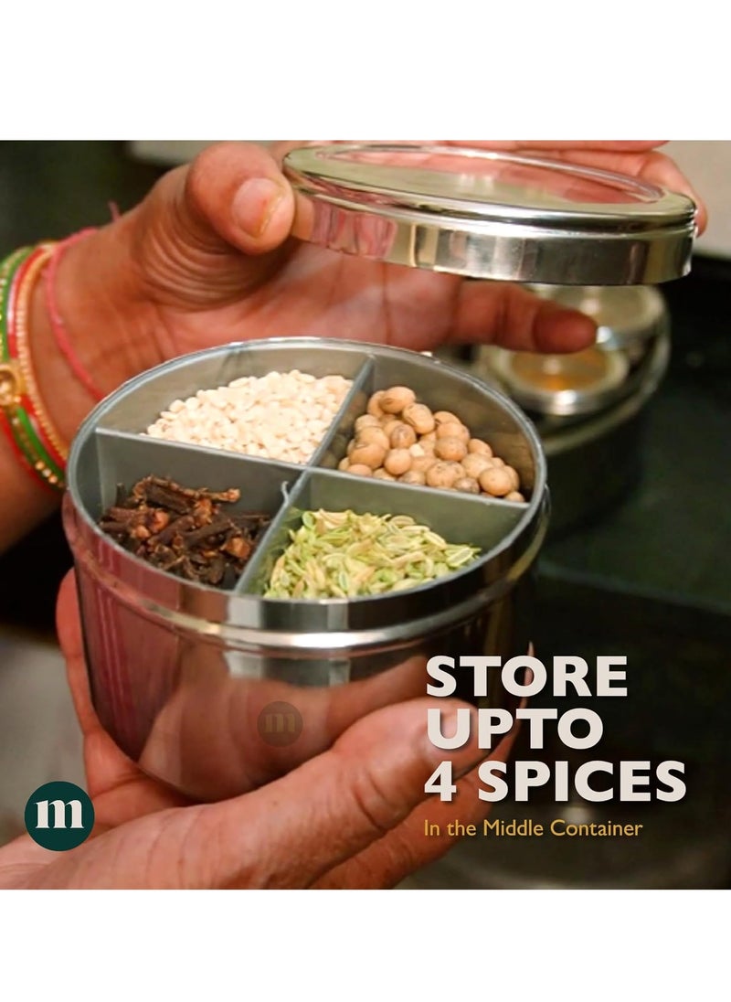 MARU 12 IN 1 Spice Box Stainless Steel with Middle Container Partitions | Masala Dabba Steel Masala Box For Kitchen Steel | Masala Dani For Kitchen See Through Lid (Size 13 Large 21.5cms) Silver