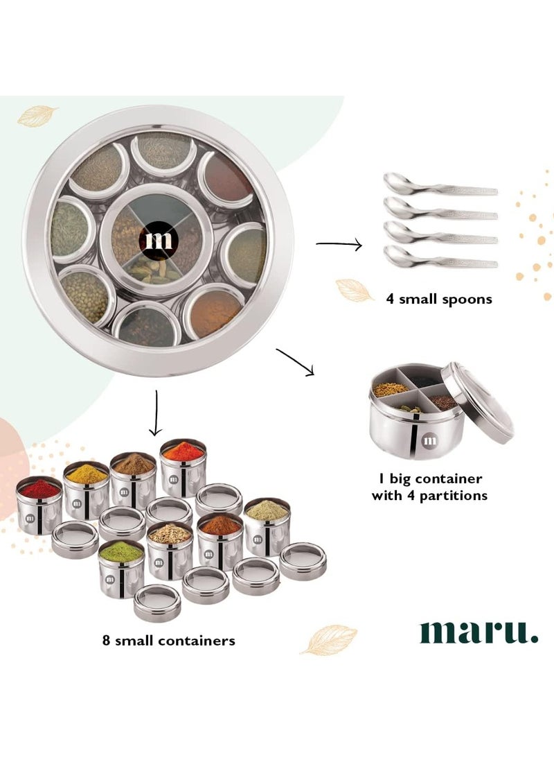 MARU 12 IN 1 Spice Box Stainless Steel with Middle Container Partitions | Masala Dabba Steel Masala Box For Kitchen Steel | Masala Dani For Kitchen See Through Lid (Size 13 Large 21.5cms) Silver