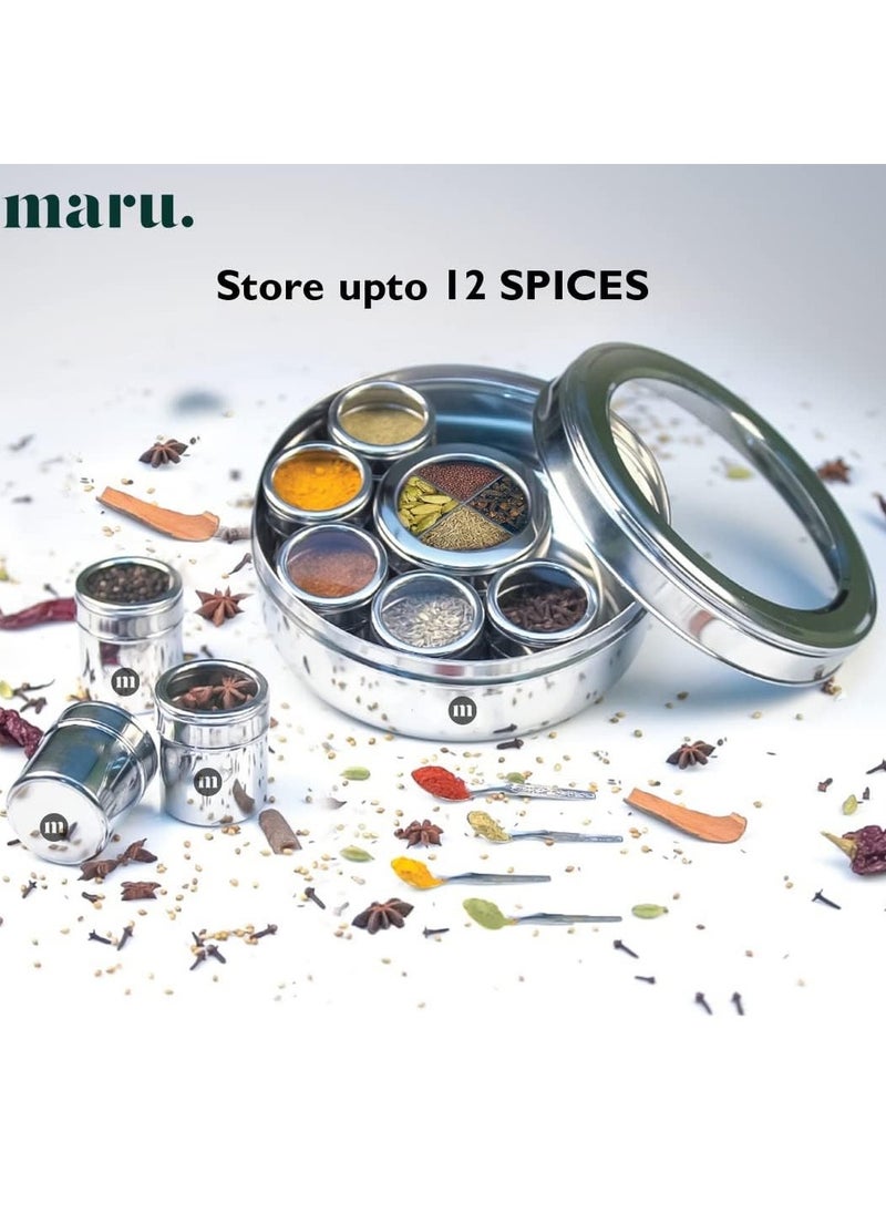 MARU 12 IN 1 Spice Box Stainless Steel with Middle Container Partitions | Masala Dabba Steel Masala Box For Kitchen Steel | Masala Dani For Kitchen See Through Lid (Size 13 Large 21.5cms) Silver